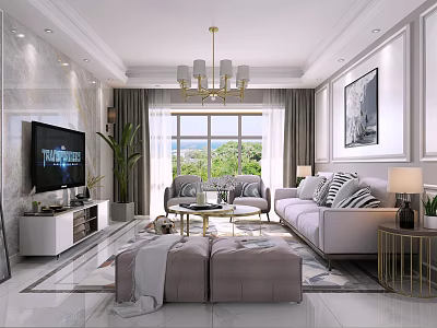 Elegant Modern Light Luxury Living And Dining Room With Cozy Furniture And Bright Window View 3d model
