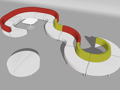 Modern Curved Irregular Shaped Sofa With Red Yellow Upholstery And Round Coffee Tables 3d model
