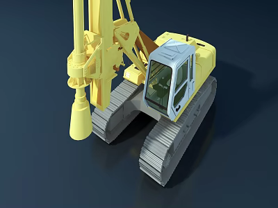 Yellow Crawler Type Rotary Drilling Utility Vehicle With Long Drill Rod And Cabin 3d model