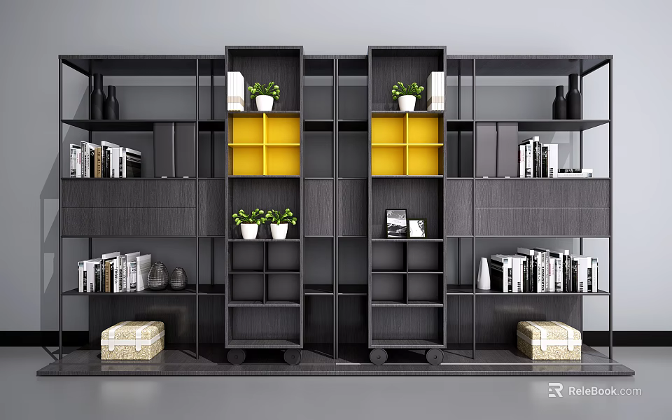 Modern Black and Yellow Bookcase with Multiple Shelves Potted Plants Books and Decorative Vases 3d model 