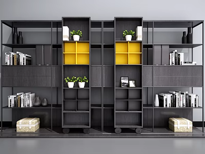 Modern Black and Yellow Bookcase with Multiple Shelves Potted Plants Books and Decorative Vases 3d model