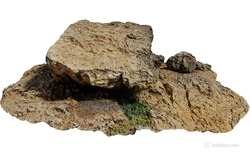 Natural Stone And Wood Features With Green Plants And Red Flora At Base 3d model 
