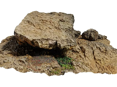 Natural Stone And Wood Features With Green Plants And Red Flora At Base 3d model