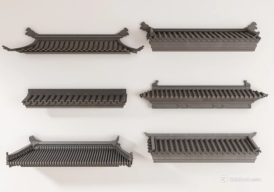 Traditional Chinese Architectural Roof Components With Various Tile And Eave Designs 3d model 