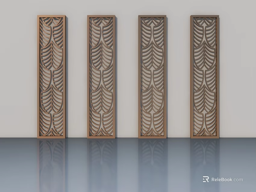 Hinged Doors With Leaf Pattern Carved Design Brown Frames On Gray Floor With Reflections 3d model