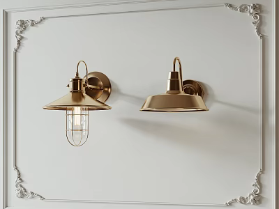 Brass Vintage Wall Lamps Mounted On White Wall With Decorative Frame 3d model