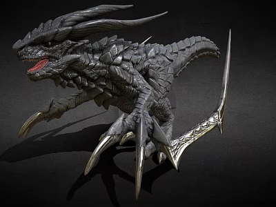 Mythical Dragon Creature With Detailed Black Scales Sharp Claws And Ancient Sword 3d model