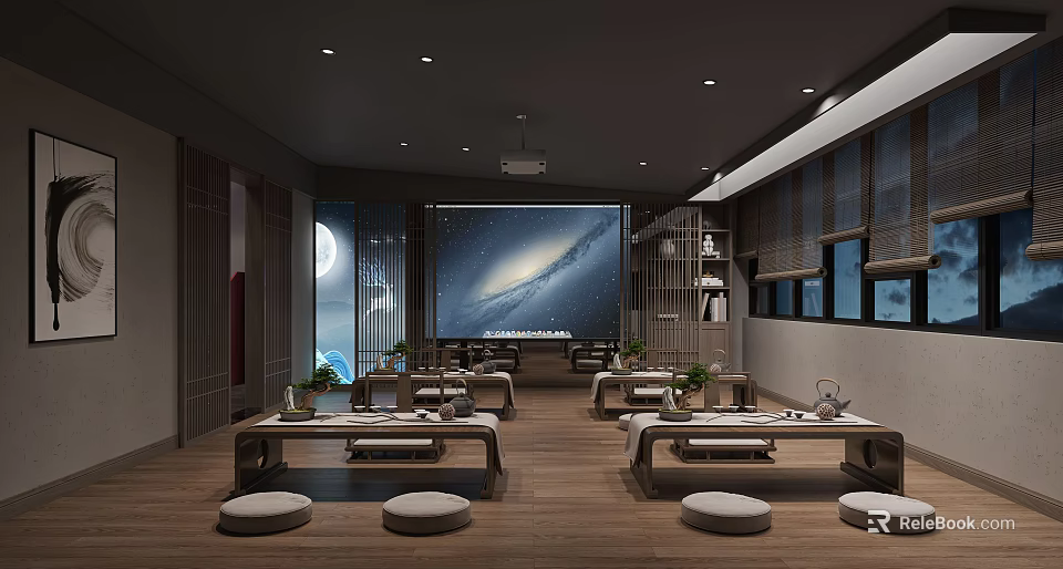 School Modern Learning Classroom With Large Projection Screen Tables Chairs And Floor Cushions 3d model