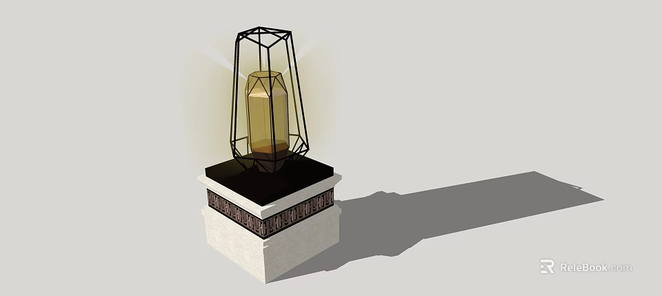 Modern Outdoor Light With Metal Frame Yellow Light Source And White Stone Pedestal Base 3d model 