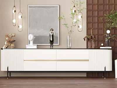 Modern White TV Stand With Drawers Metal Legs Wall Art Hanging Lights And Decorations 3d model