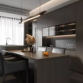 Modern Restaurant Interior Design With Dark Cabinets Island Dining Table Pendant Lights And Gray Chairs