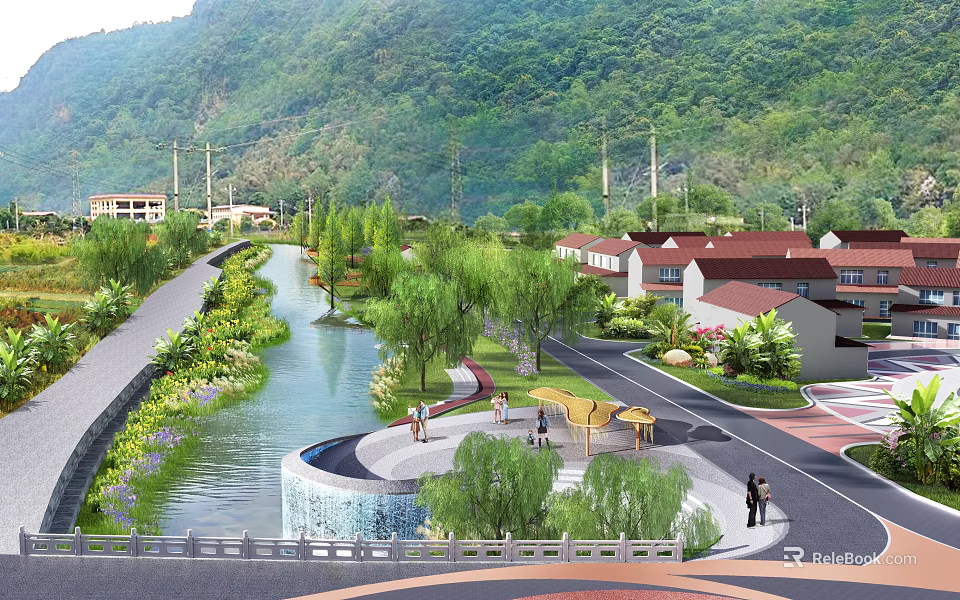 Scenic Garden Landscape with River Path Willow Trees Traditional Houses and People Walking 3d model 
