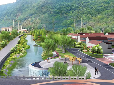 Scenic Garden Landscape with River Path Willow Trees Traditional Houses and People Walking 3d model