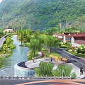 Scenic Garden Landscape with River Path Willow Trees Traditional Houses and People Walking