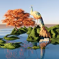Landscape Sculpture With Peacock Orange Tree Green Rocks And Water Reflections