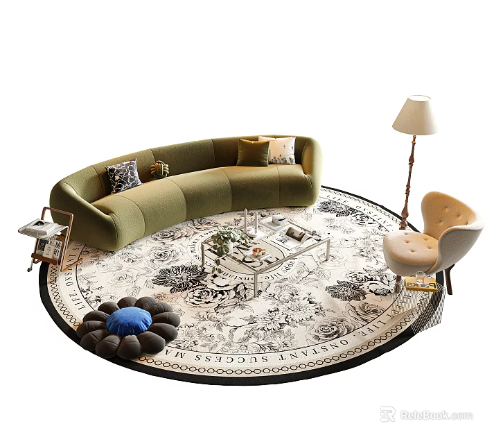 Green Curved Sofa With Glass Coffee Table Round Patterned Rug Floor Lamp And Accent Chair 3d model 