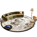 Green Curved Sofa With Glass Coffee Table Round Patterned Rug Floor Lamp And Accent Chair
