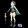Game Movie Character With Blue White Hair Green Outfit Holding Golden Sword Purple Accessory