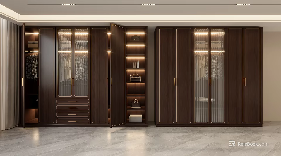 Elegant Modern Luxury Wardrobe With Wooden Frame Glass Doors And LED Lighting 3d model 