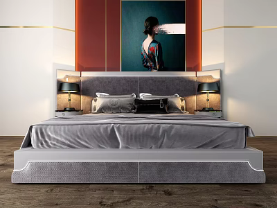 Modern Background Double Bed With Grey Upholstery Table Lamps And Wall Art 3d model