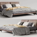 Modern Double Bed Setup With Leather Headboard Soft Striped Bedding And Gray Linen