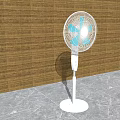 Standing Air Cooler Fan With White Body Blue Blades And Brown Woven Wall