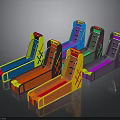 Colorful Skee Ball Machines With Neon Lights And Vibrant Hues On Dark Surface