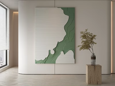 Modern Interior With Large Green And White Wavy Decorative Painting And Wooden Table Plant 3d model