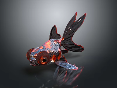 3D Rendering of Red and Black Goldfish With Large Eyes Flowing Tail on Reflective Surface 3d model
