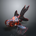 3D Rendering of Red and Black Goldfish With Large Eyes Flowing Tail on Reflective Surface