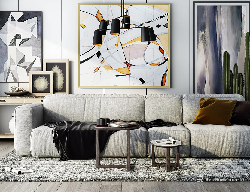 Light Gray Sectional Sofa with Brown Dark Pillows Black Throw Blanket and Decorative Paintings 3d model 