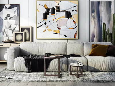 Light Gray Sectional Sofa with Brown Dark Pillows Black Throw Blanket and Decorative Paintings 3d model