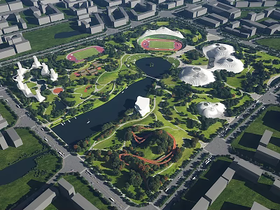 Scenic Urban Park Landscape With Green Spaces Lakes Modern Structures And Sports Fields 3d model
