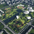 Scenic Urban Park Landscape With Green Spaces Lakes Modern Structures And Sports Fields