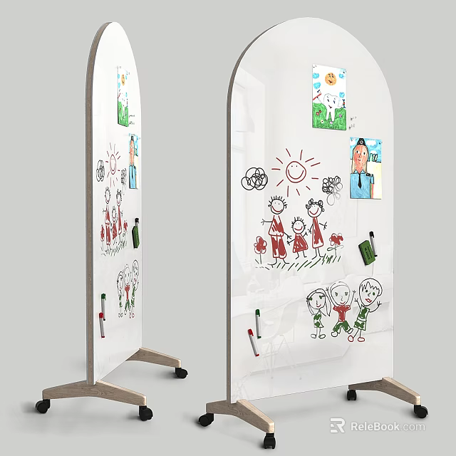 Creative Musical Instruments and Art Supplies with Children's Drawings on Wooden Easels 3d model 