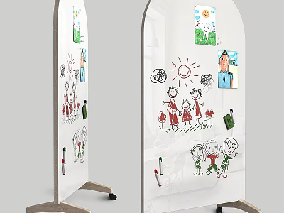 Creative Musical Instruments and Art Supplies with Children's Drawings on Wooden Easels 3d model