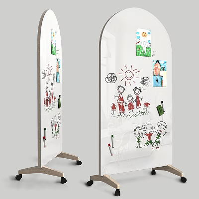 Creative Musical Instruments and Art Supplies with Children's Drawings on Wooden Easels 3d model