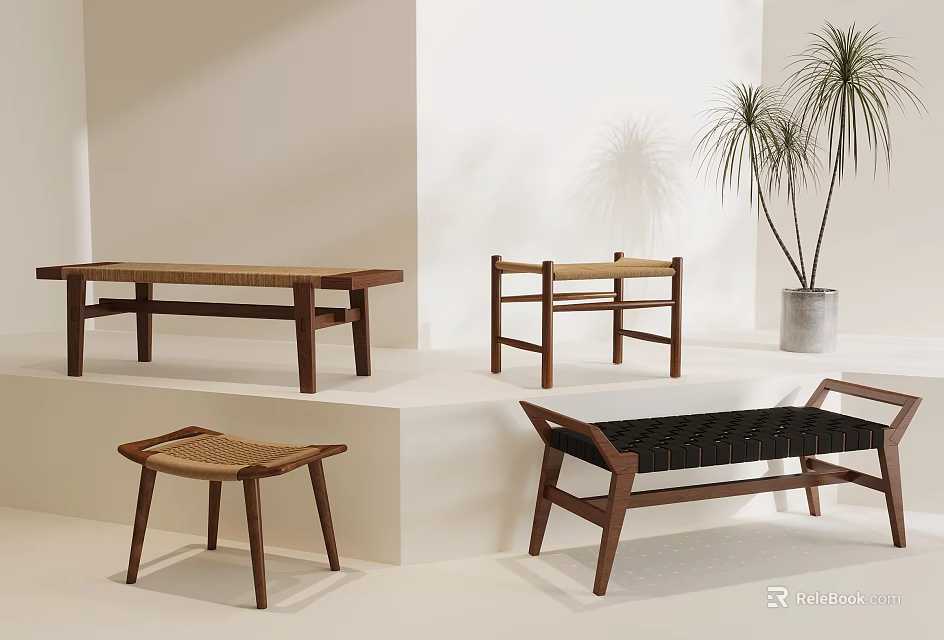 Stylish Leisure Chairs With Rattan Seats Wooden Frames And Black Cushions For Interior Decor 3d model 