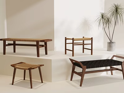 Stylish Leisure Chairs With Rattan Seats Wooden Frames And Black Cushions For Interior Decor 3d model