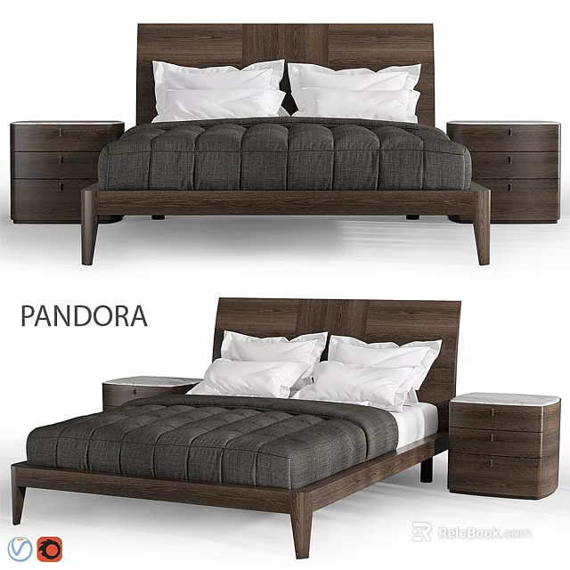 Pandora Modern Wooden Bed Set With White Pillows Gray Quilt And Nightstands 3d model 