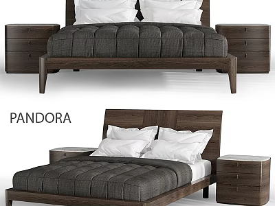 Pandora Modern Wooden Bed Set With White Pillows Gray Quilt And Nightstands 3d model