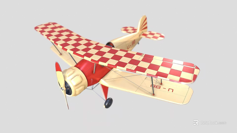 Classic Passenger Biplane with Red and White Checkered Pattern on Wings and Red Beige Body 3d model 