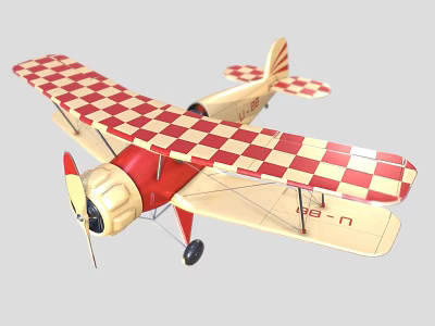 Classic Passenger Biplane with Red and White Checkered Pattern on Wings and Red Beige Body 3d model
