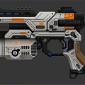 Futuristic Sci Fi Pistol With White Blue Orange Accents And Wooden Grip Design