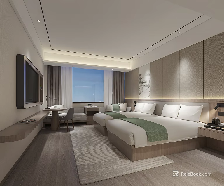Modern Hotel Guest Room With Twin Beds Window City View And Desk Chair 3d model 