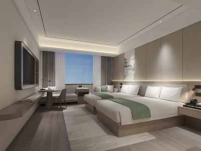 Modern Hotel Guest Room With Twin Beds Window City View And Desk Chair 3d model
