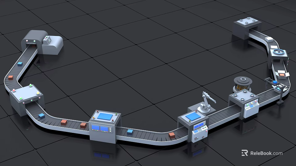 Industrial Equipment With Automated Conveyor Belt Robotic Arm And Production Line Mechanical Components 3d model 