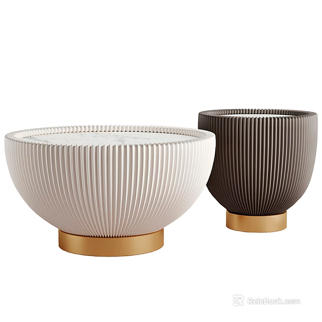 Stylish White And Dark Brown Striped Coffee Tables With Gold Base 3d model 