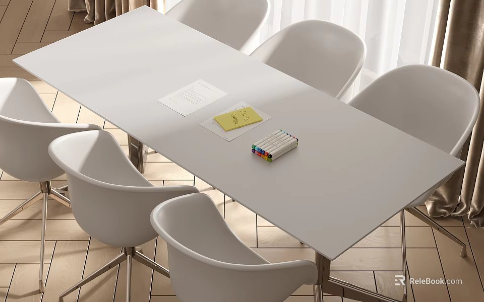 Contemporary White Conference Table With White Chairs And White Paper Yellow Sticky Note Colored Markers 3d model 