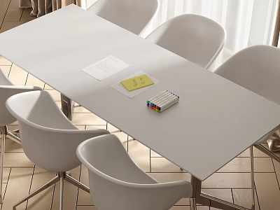 Contemporary White Conference Table With White Chairs And White Paper Yellow Sticky Note Colored Markers 3d model